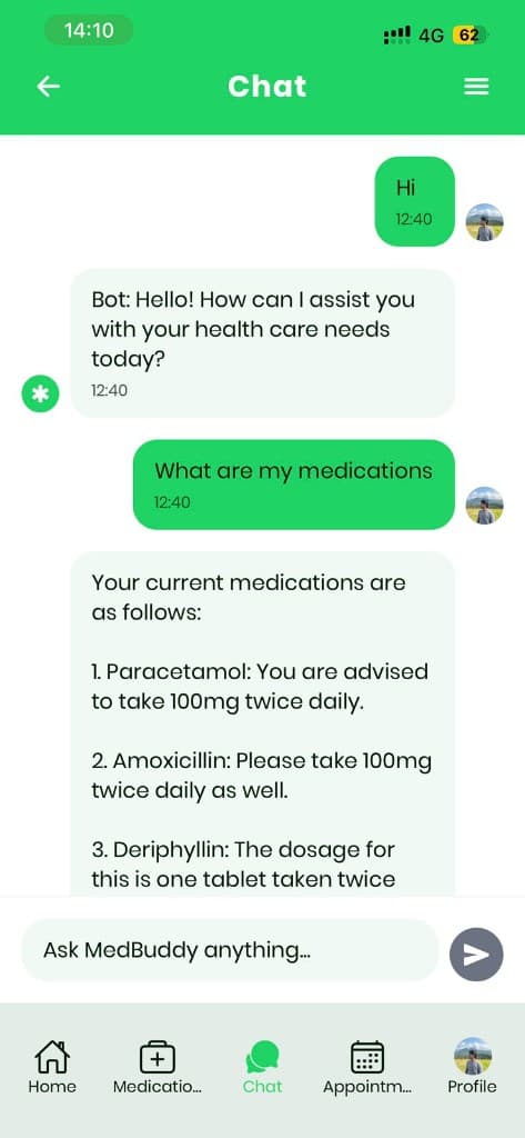 MedBuddy AI chat answering a question about medications