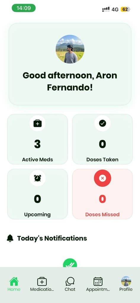 MedBuddy home dashboard showing active medications and daily dose stats