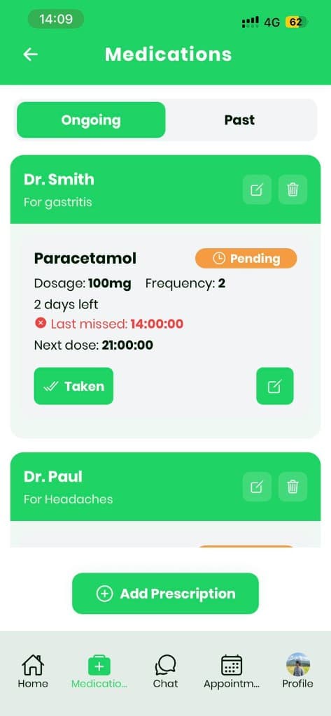MedBuddy medications screen showing ongoing prescriptions